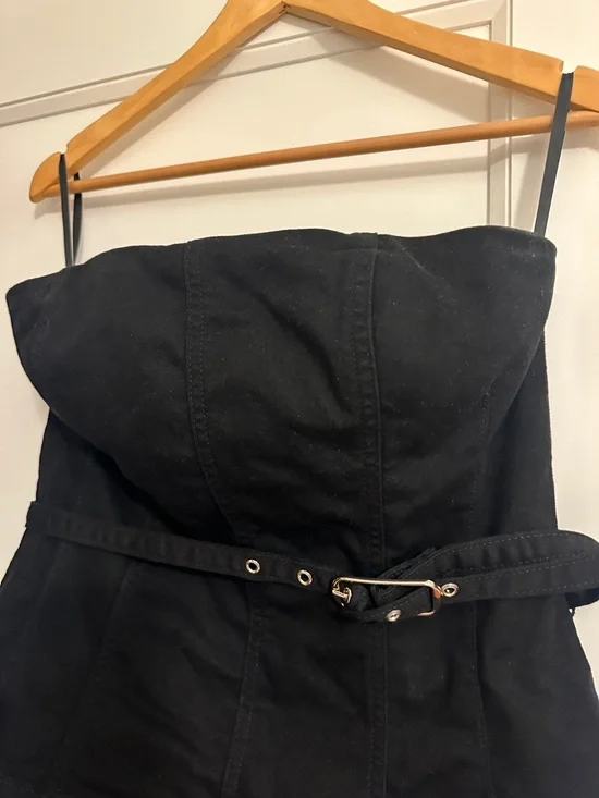 White House Black Market Black Strapless Denim Jumpsuit with Belt - Picture 2 of 5